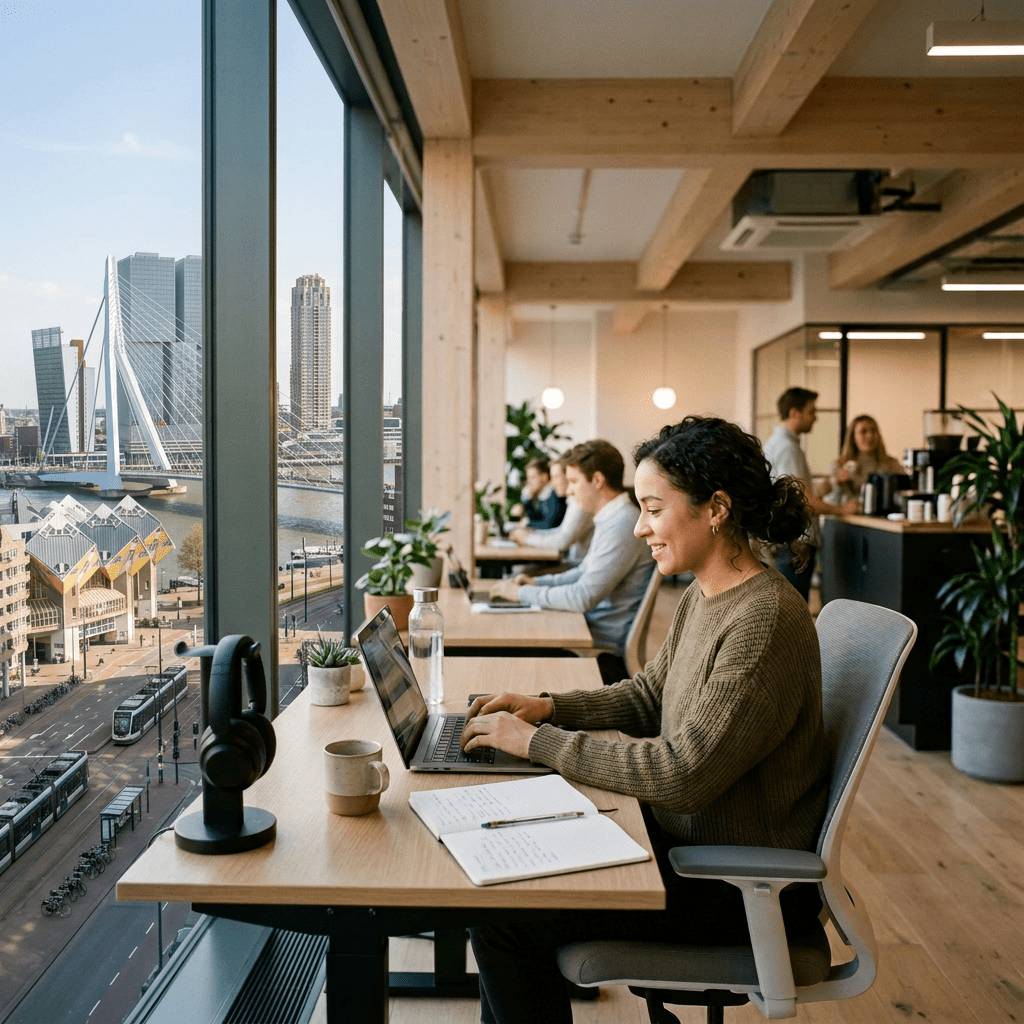 Several people working on laptops at desks by a large window with urban view